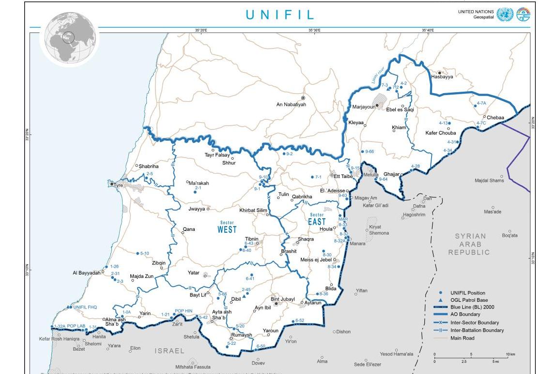 A map detailing the region where UNIFIL operates.