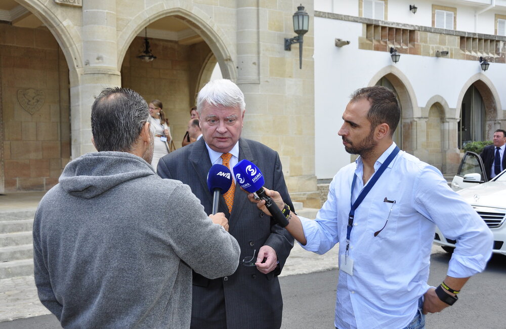 The UN Under-Secretary-General in charge of Peacekeeping Operations, Mr. Hervé Ladsous, speaks with media following a meeting with Greek Cypriot Leader Mr. Nicos Anastasiades on 26 October 2015. UNFICYP/Juraj Hladky
