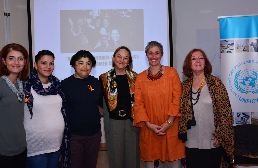 Panelists pose with the Special Representative of the UN Secretary-General in Cyprus, Lisa Buttenheim (third from the right), following a panel discussion on sexual violence against women in Cyprus on 10 December 2015. UNFICYP/Juraj Hladky