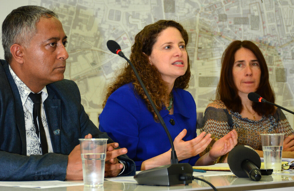 Flanked by UNFICYP Spokesperson Aleem Siddique and Mylène Bouchard, OHCHR Human Rights Officer, Karima Bennoune, UN Special Rapporteur in the field of cultural rights, addresses a pres conference in Nicosia, Cyprus, on 2 June 2016.