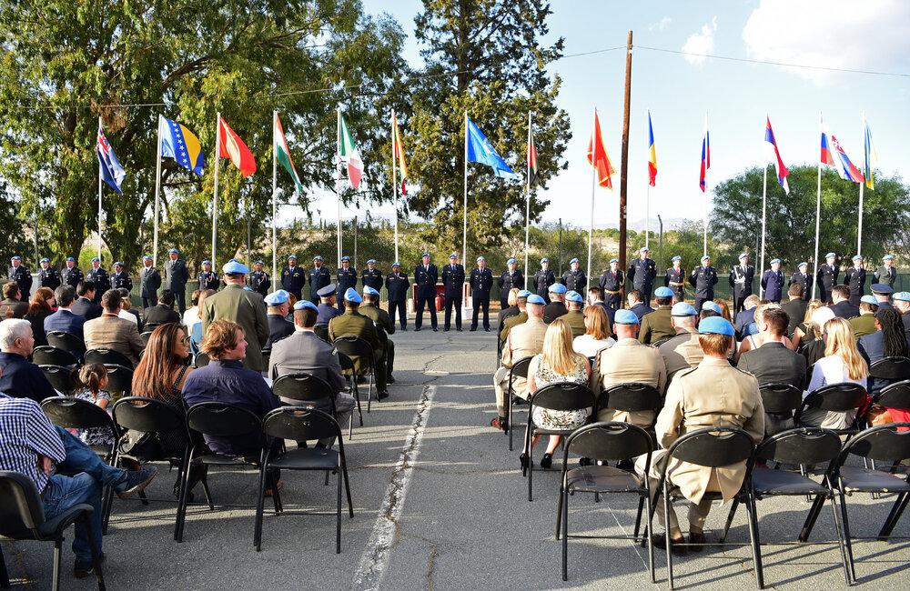 A medal presentation ceremony for UNPOL officers at the UN Protected Area in the buffer zone on 21 October 2016. UNFICYP/Ludovit Veres